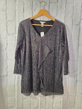 Christopher Banks Large Black Metallic V Neck 3/4 Sleeve Holiday Dressy Blouse